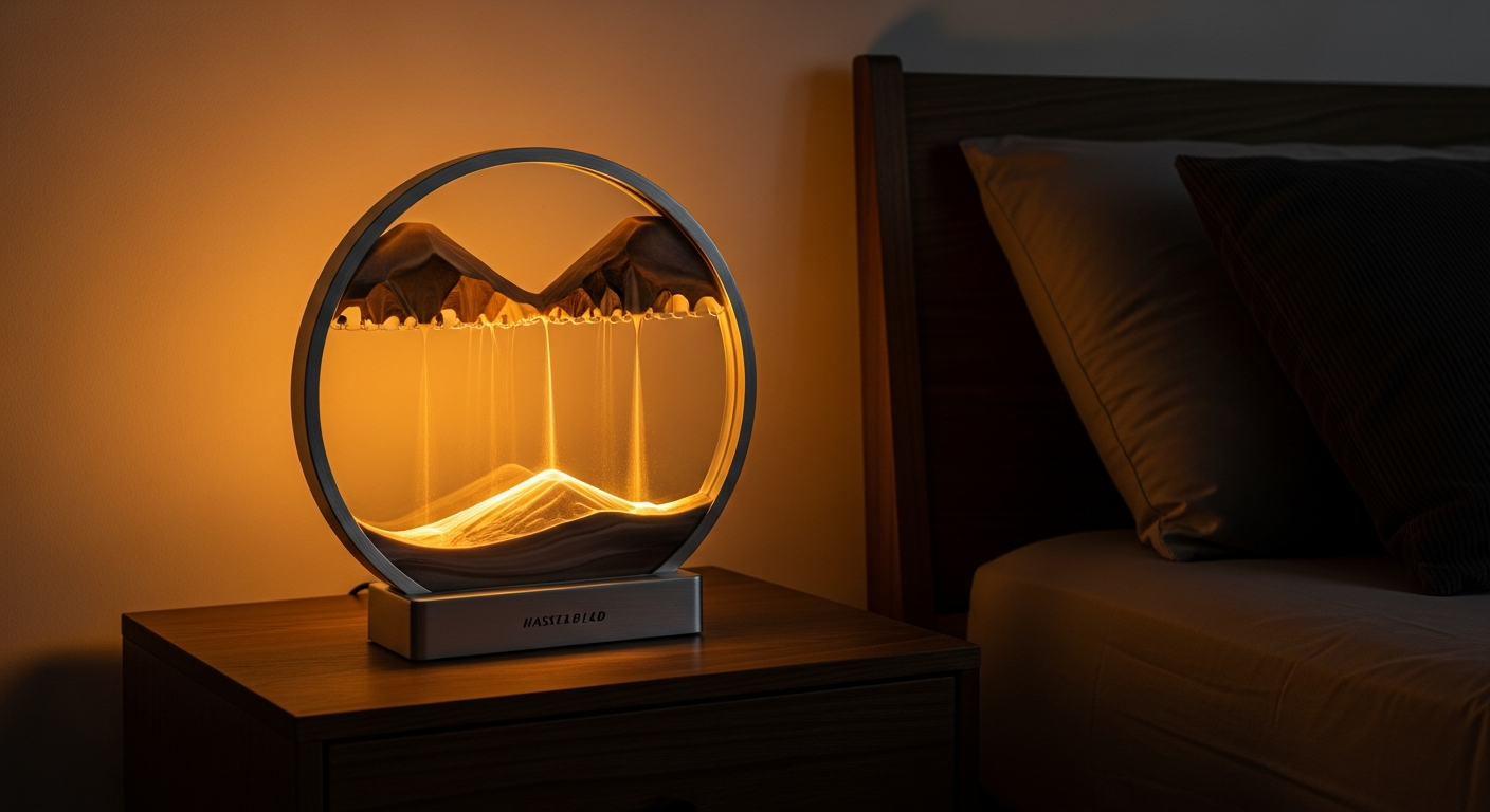 Sandrift living sand art lamp with warm amber LED glow on nightstand - 16 RGB colors