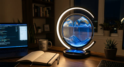Sand Art Lamp Pro on desk with phone charging